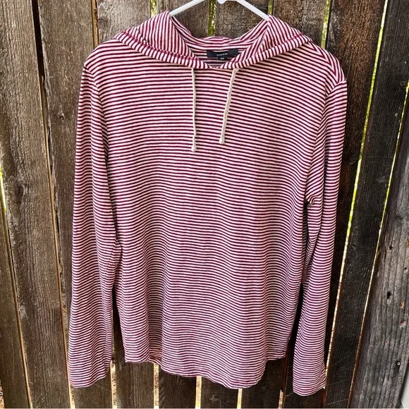 Vince Men’s Slub 100% Cotton Stripe Popover Hoodie Top In Red & White Sz M